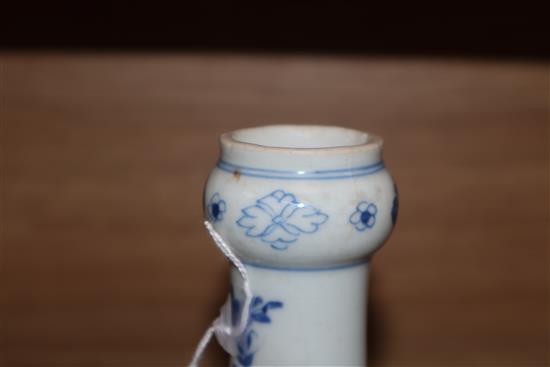 A Chinese Kangxi blue and white bottle vase, on hardwood stand vase excluding stand 23cm